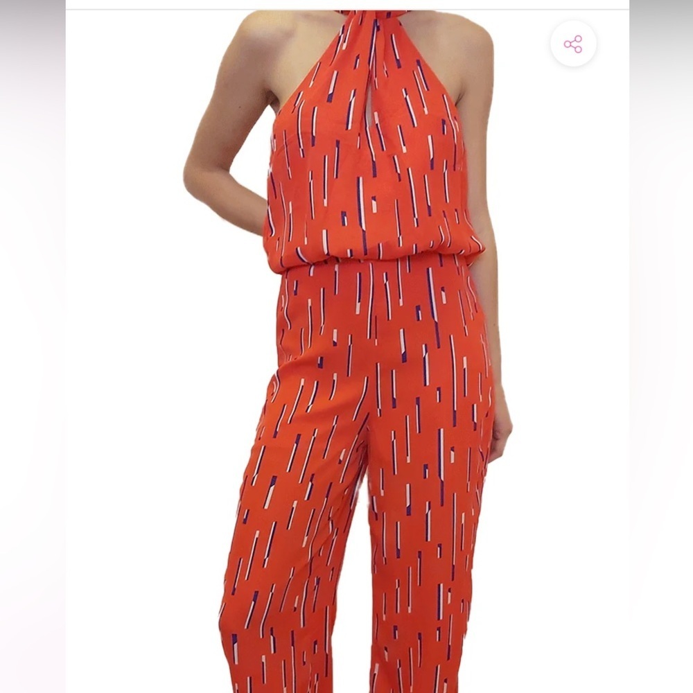 Sleeveless Red Halter Jumpsuit with Subtle Print - Picture 2 of 5